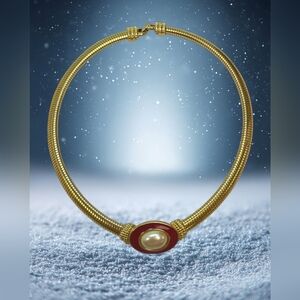 Monet Vintage Gold Plated Red Enamel Collar with Fuax Pearl Accent